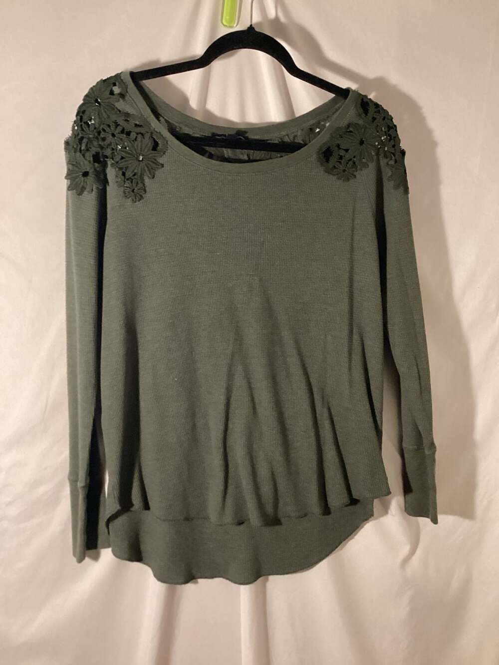 American Eagle Outfitters Olive Green Waffle Knit Long Sleeve Top with Lace Shou